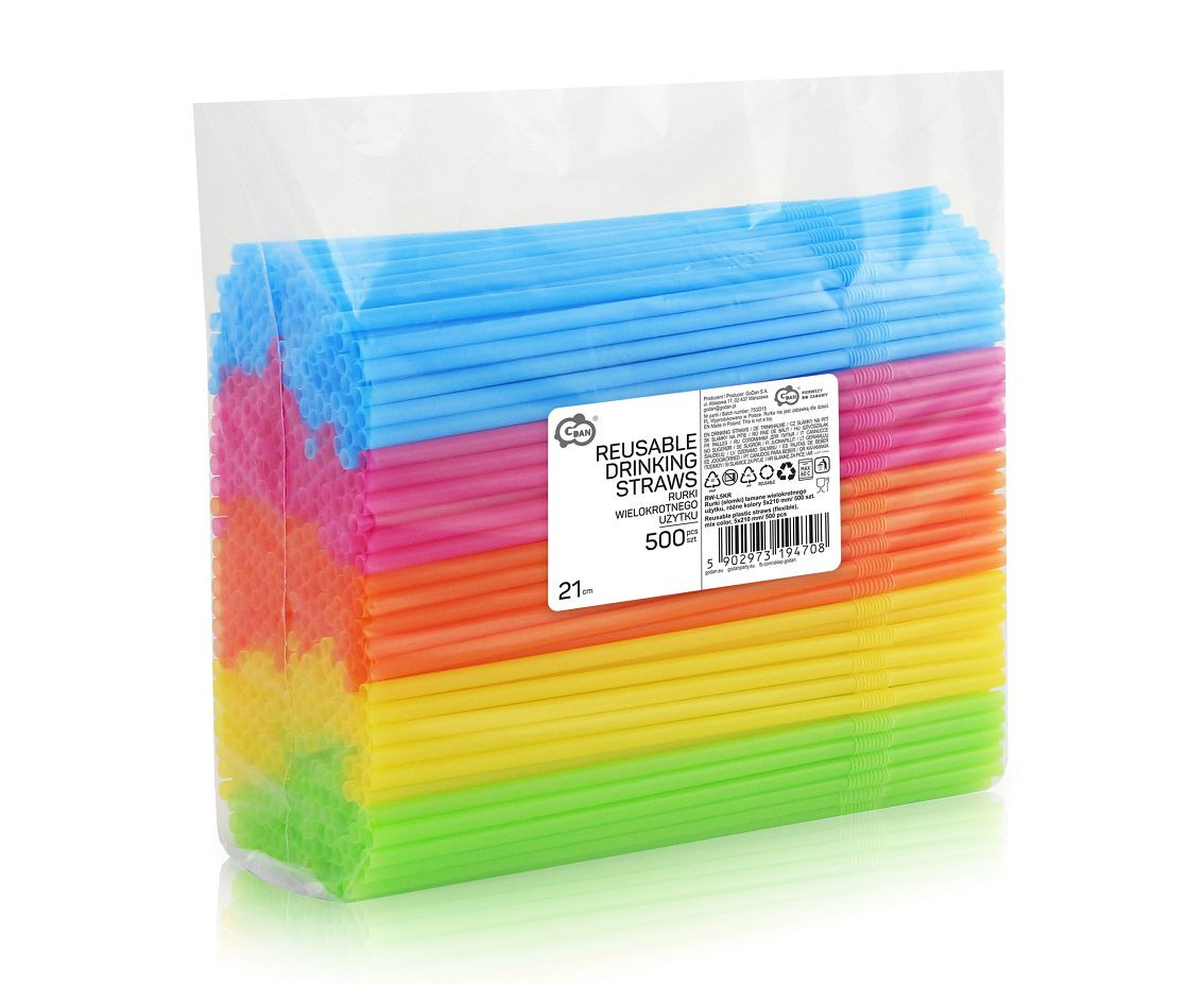 Reusable plastic straws (flexible), mix color  5x210mm/ 500 pcs